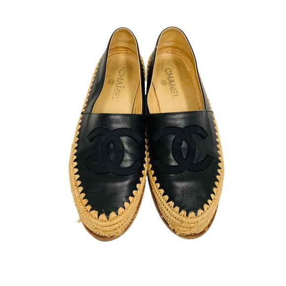 CHANEL Black Leather CC Interlocking Logo Espadrilles Flats Size 40 US 10 - Picture 6 of 10